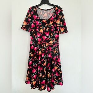 Lularoe Nicole Dress Floral Black Pink Orange XL